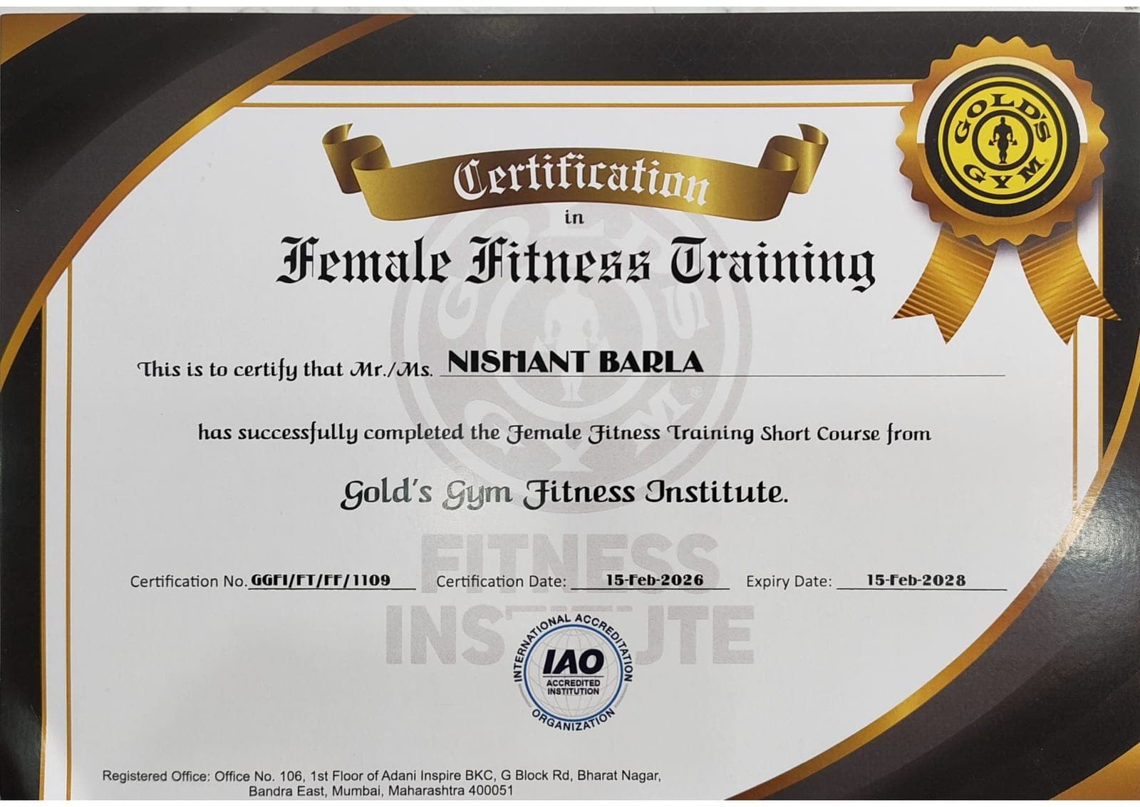 Nishant Barla — Female Fitness Training certificate